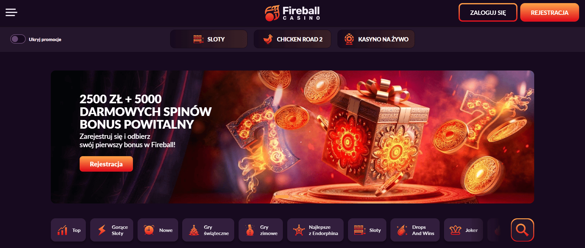 Fireball Casino strona główna i interfejs gier